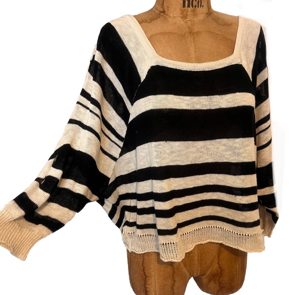 Free People Black and Cream Striped Scoop Cutout Neck Sweater EUC